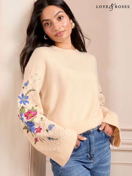 Love & Roses Embroidered Pointelle Stitch Sleeve Crew Neck Knitted Jumper (AK8622) | 240 LEI