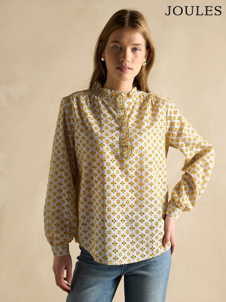 Joules Melanie Yellow Cotton Broderie Blouse (AK8627) | R$ 640