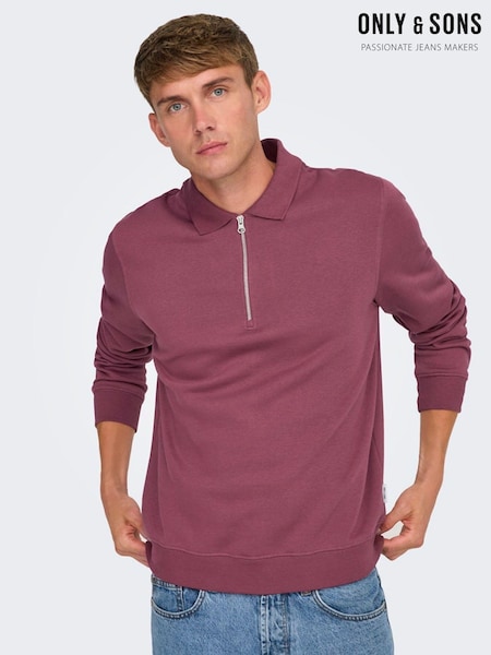 Only & Sons Burgundy Quarter Zip Long Sleeve Polo Jumper (AK8647) | R$ 355