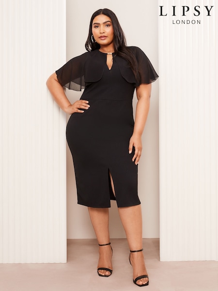 Lipsy Black Curve Woven Mix Cape Sleeve Bodycon Midi Dress With Gold Hardware Trim (AK8682) | €67