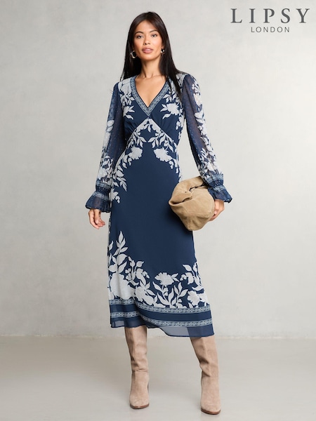 Lipsy Navy Floral V-Neck Dobby Midi Dress (AK8692) | € 54