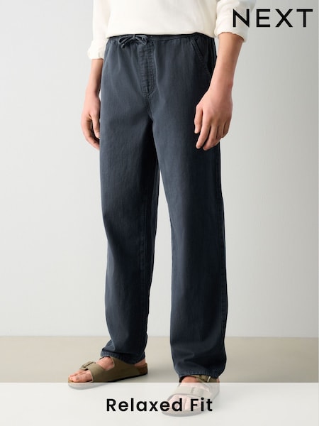Azul escuro - Elasticated Waist Cotton Linen Denim Jeans (AK8723) | R$ 305