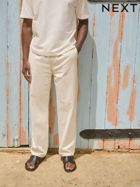 Branco Ecru - Elasticated Waist Cotton Linen Denim Jeans (AK8726) | R$ 305