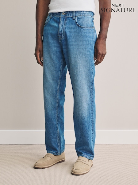 Blue Straight Fit Signature Lightweight Cotton Linen Jeans (AK8739) | €40