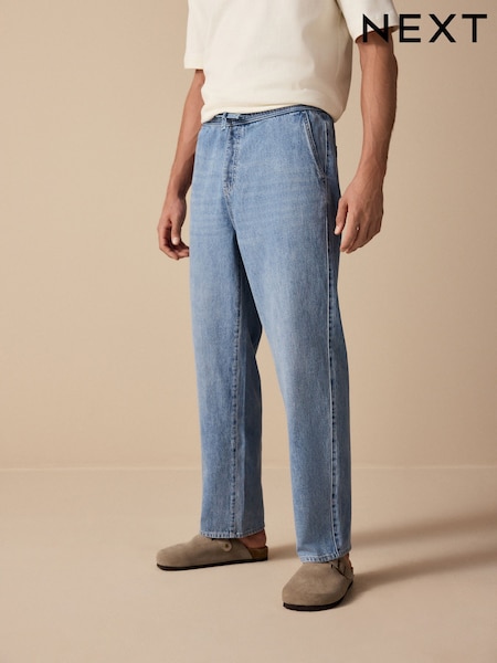 Azul médio - Elasticated Waist Cotton Linen Denim Jeans (AK8760) | R$ 305