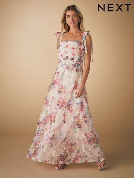 Blumendesign in Rosé - Occasion Mesh 3d Ruffle Tie Strap Maxi Dress (AK8789) | 96 €