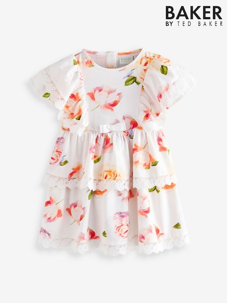Hvit - Baker by Ted Baker Blomstrete Lace Trim Tier 100% Cotton Kjole (AK8793) | kr400 - kr471