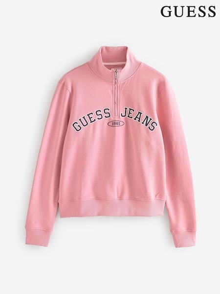 Guess Jeans Pink 100% Cotton Varsity Logo Half Zip Jersey Sweatshirt (AK8826) | €44
