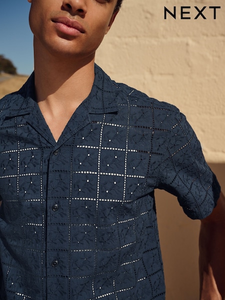 Navy Blue 100% Cotton Textured Broderie Short Sleeve Shirt (AK8830) | €40