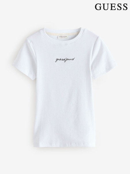 Guess Jeans White Slim Fit 100% Cotton Ribbed Logo Cropped Baby T-Shirt (AK8834) | €38