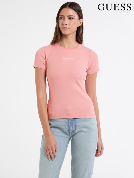 Guess Jeans Pink Slim Fit 100% Cotton Ribbed Logo Cropped Baby T-Shirt (AK8835) | €38