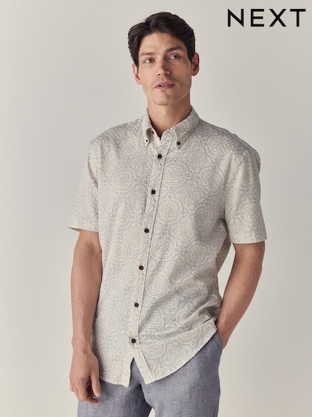 White Printed Tile Short Sleeve 100% Cotton Shirt (AK8839) | R$ 285