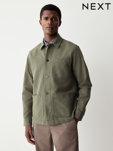 Olive Green 100% Cotton Seersucker Shacket Overshirt (AK8873) | R$ 385