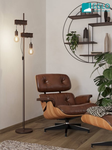 Eglo Antique Brown Townshend 4 Industrial Wood And Steel Floor Light (AK8963) | BGN 338
