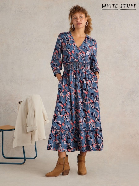 White Stuff Blue Jonie Shirred 100% Cotton Jersey Dress (AK9400) | €61