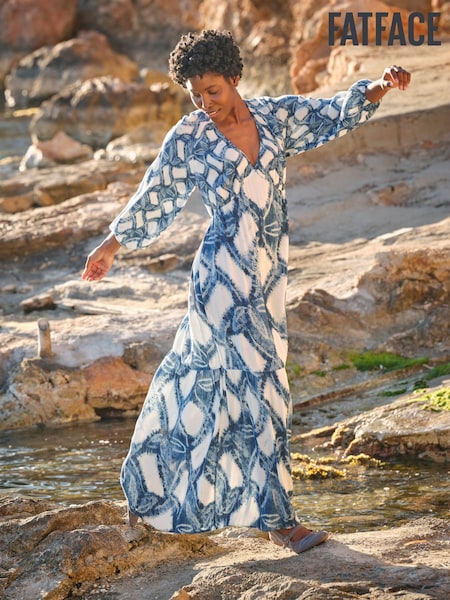 FatFace Noelle Indigo Blue Water Leaf Midi Dress (AK9446) | ₪377