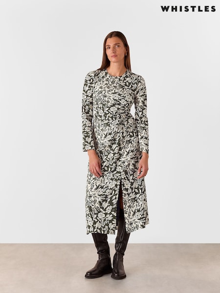 Whistles Green Cut Stems Ruched Side Dress (AK9555) | ₪850