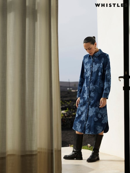 Whistles Blue Chalk Print 100% Cotton Denim Shirt Dress (AK9583) | €213