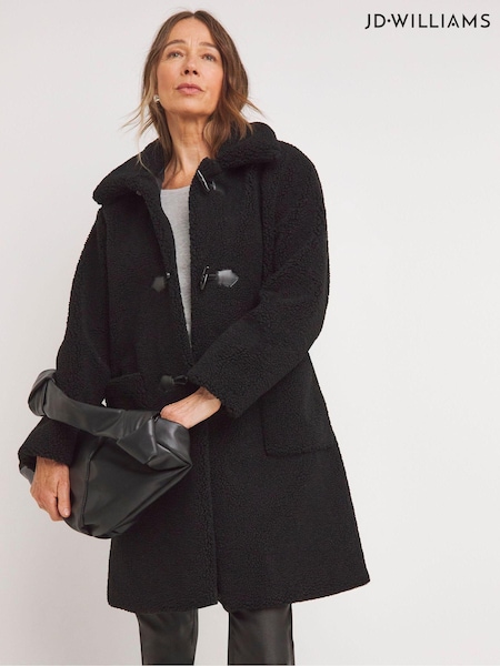 JD Williams Black Collared Duffle Teddy Mid Length Coat (AK9677) | €95