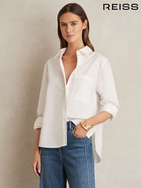 Reiss White Sofia Cotton Topstitched Button-Through Shirt (AK9831) | SGD 386