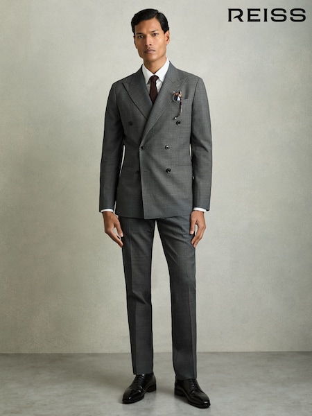 Reiss Charcoal Grey Malibu Regular-Fit Double-Breasted Sharkskin Wool-Blend Suit Blazer (AK9846) | €536