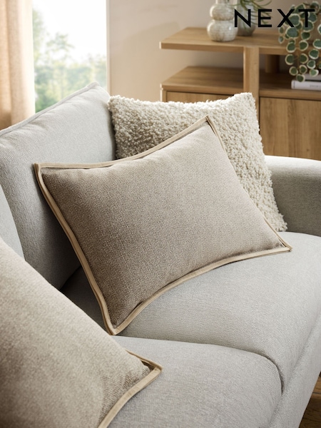 Natural 40 x 59cm Aubrey Tweed Velour Trim Cushion (AK9875) | €26