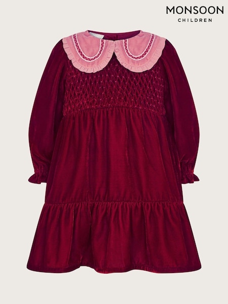Monsoon Red Baby Smocked Velour Dress (AK9908) | €20 - €22