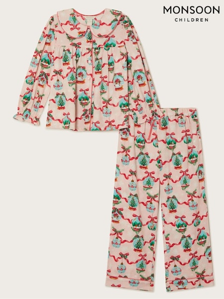 Monsoon Pink 100% Cotton Christmas Snow Globe Long Pyjamas Set (AK9912) | €23 - €28