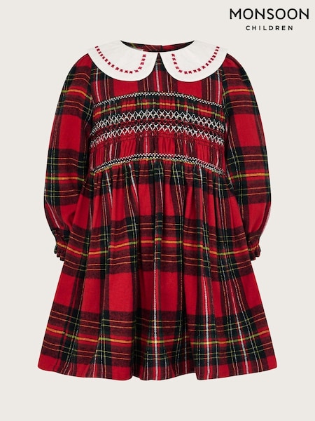 Monsoon Red Baby Long Sleeve Tartan 100% Cotton Dress (AK9917) | €22 - €24