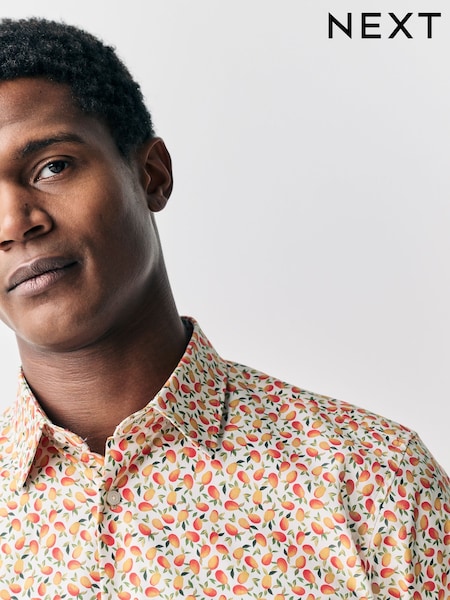Yellow/Mango Conversational Slim Fit 100% Cotton Long Sleeve Single Cuff Printed Formal Shirt (AL0146) | €41