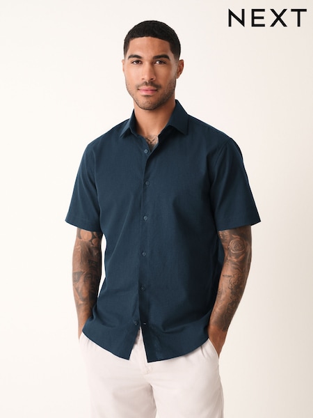 Navy Blue Regular Fit Cotton Blend Short Sleeve Cutaway Collar Shirt (AL0318) | €37