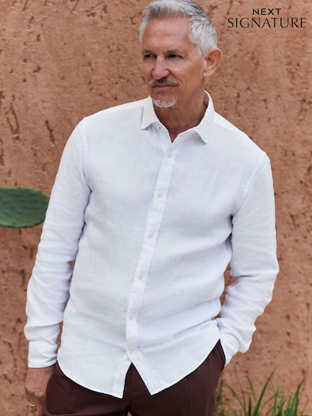 White Regular Fit Signature 100% Delave Linen Long Sleeve Shirt (AL0319) | €73