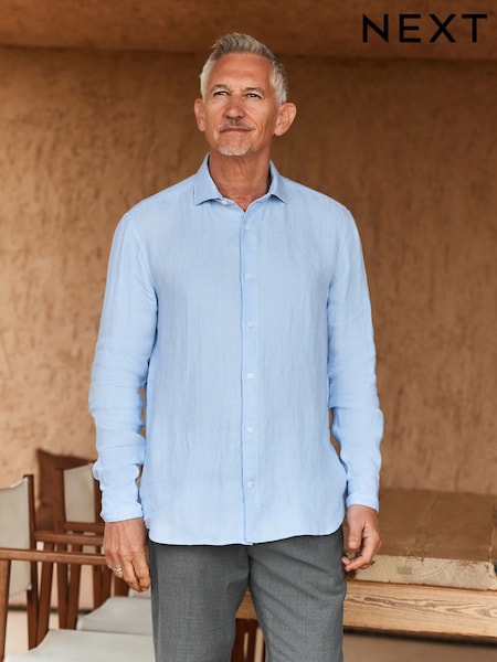 Light Blue Regular Fit Signature 100% Delave Linen Long Sleeve Shirt (AL0322) | €73