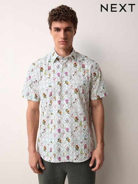 White/Multicolor Trellis Floral Regular Fit Print Short Sleeve Shirt (AL0330) | 173 QAR