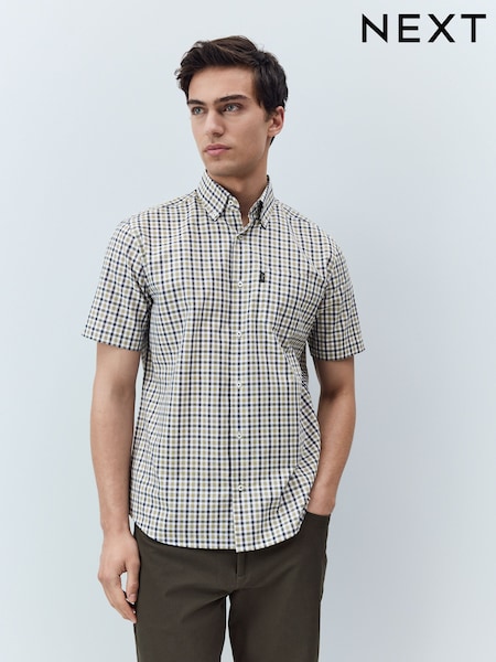 Navy/ Neutral Gingham Check Easy Iron Button Down Short Sleeve Oxford Shirt (AL0332) | $36