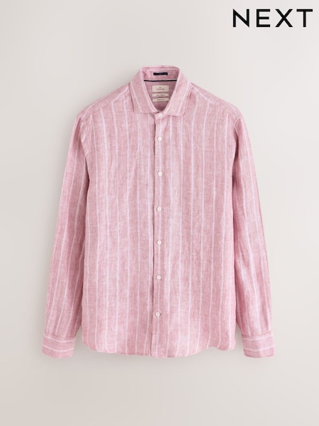 Кораллово-розовый - Stripe 100% Linen Basket Weave Long Sleeve Smart Shirt with Cutaway Collar (AL0335) | €66