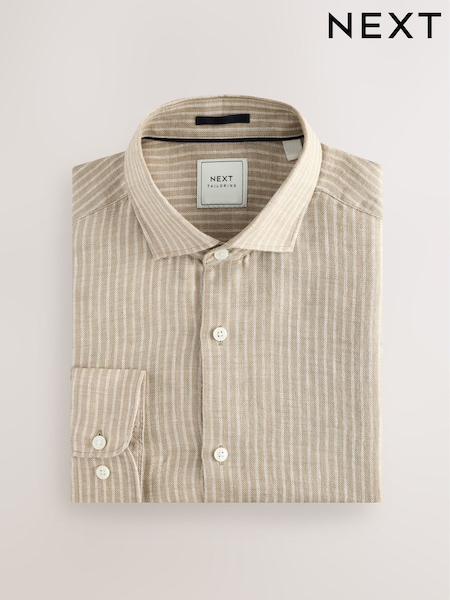 Бежево-коричневый - Stripe 100% Linen Basket Weave Long Sleeve Smart Shirt with Cutaway Collar (AL0338) | €66