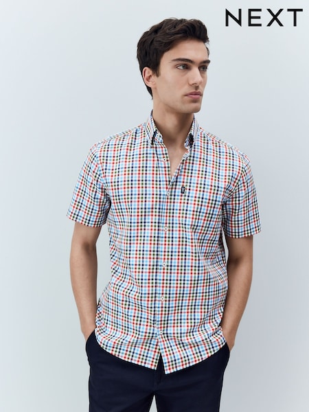 Blue/Red Gingham Easy Iron Button Down Short Sleeve Oxford Shirt (AL0339) | R$ 230