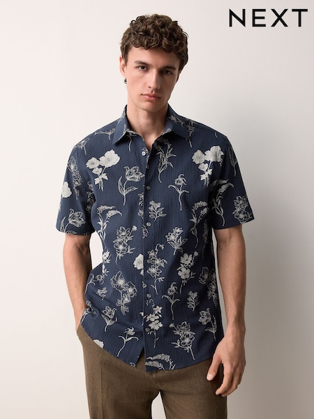Navy/Neutral Floral Print Regular Fit Short Sleeve Seersucker Shirt (AL0340) | €40