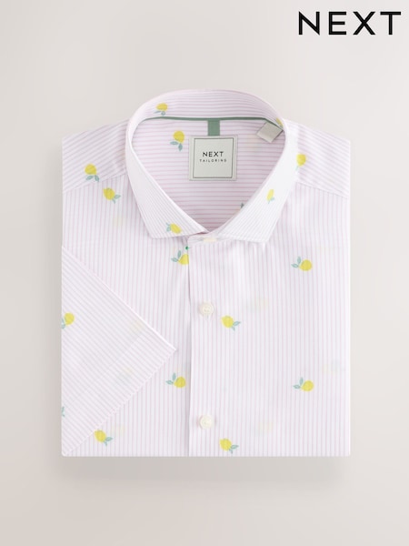 Pink Bengal Lemon Conversational Fruit Print Stripe Easy Iron Oxford Shirt (AL0344) | R$ 270