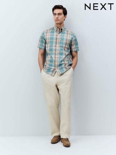 Petrol Blue/Neutral Madras Check Regular Fit Short Sleeve Easy Iron Button Down Oxford Shirt (AL0345) | R$ 230