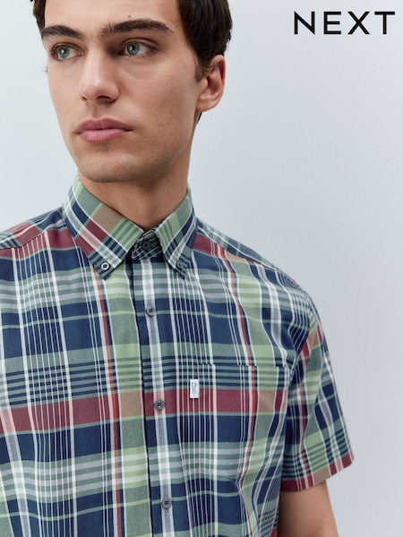 Green/Navy Madras Check Regular Fit Short Sleeve Easy Iron Button Down Oxford Shirt (AL0349) | €26