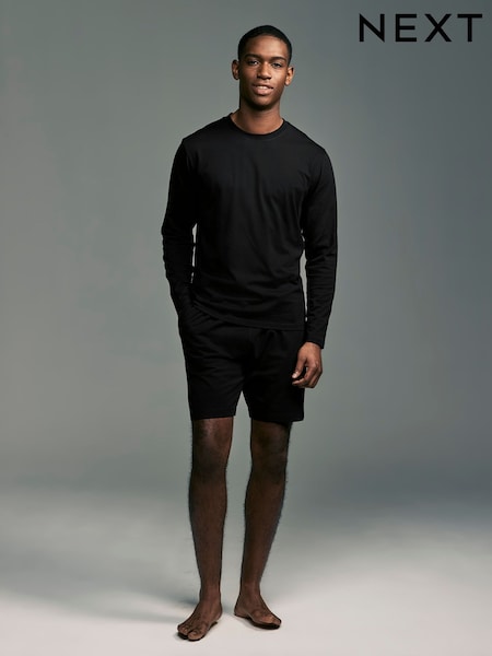 Musta/harmaa - 100% Cotton Jersey Pyjamas Long Sleeve Shorts Set (AL0461) | €21