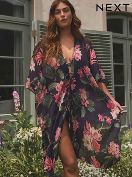 Bleumarin/roz - Kew Gardens Textured Tie Front 100% Cotton Kaftan (AL0519) | 268 LEI