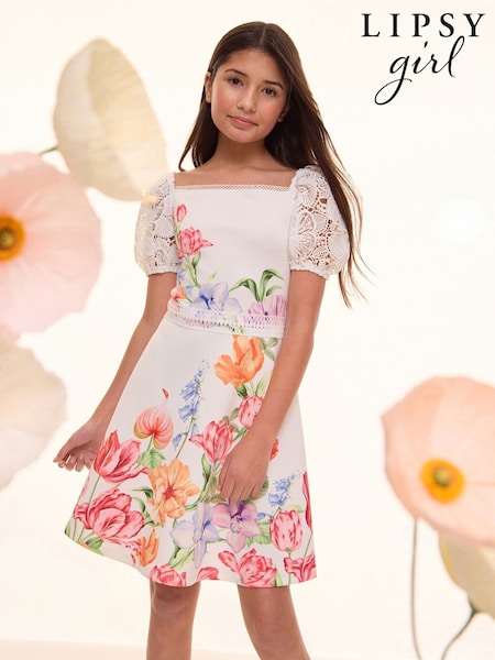Lipsy White Lace Sleeve Occasion Dress (5-16yrs) (AL0709) | €71 - €82
