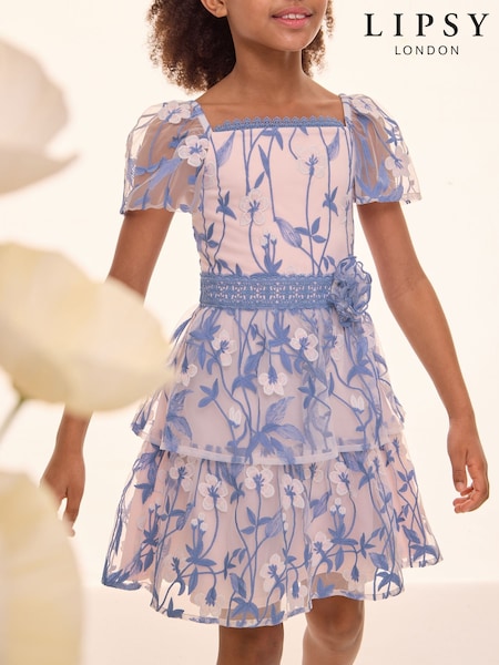 Lipsy Blue/Pink Embroidered Lace Occasion Dress (5-16yrs) (AL0710) | $104 - $117