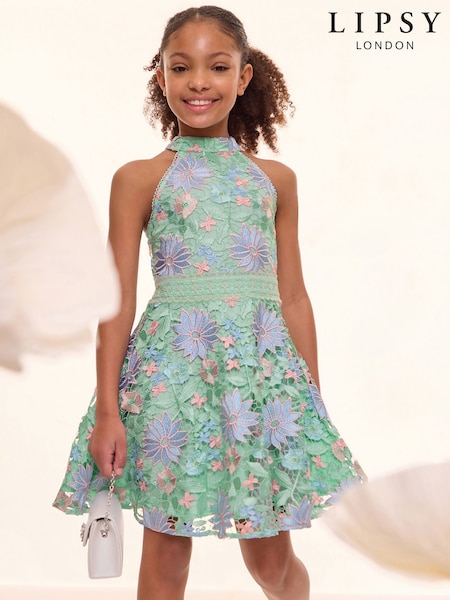 Lipsy Premium Halter Lace Floral Occasion Dress (5-16yrs) (AL0711) | ‏349 د.إ.‏ - ‏ 396‏ د.إ.