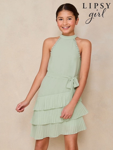 Lipsy Mint Green Halter Embellished Tiered Occasion Dress (5-16yrs) (AL0715) | €65 - €76