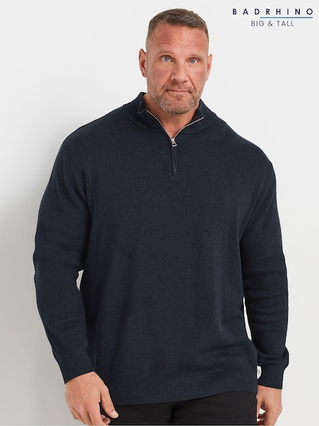 BadRhino Big & Tall Navy Blue Milano Quarter Zip Knit 100% Cotton Jumper (AL0813) | R$ 335