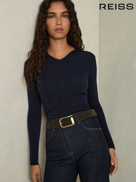 Reiss Navy Chloe Wool-Blend Rib-Knit Hooded Jumper (AL1152) | €150